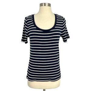 LOFT Size L Basic Top Blue White Striped Scoop Neck Short Sleeve Cotton Blend